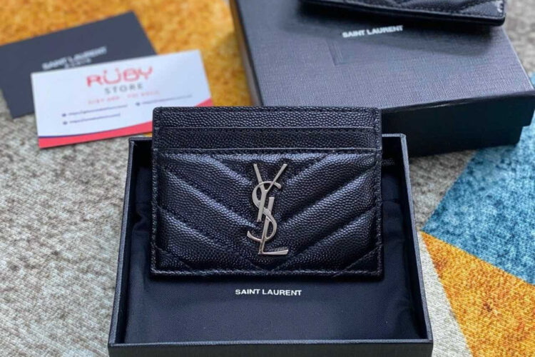 Ví YSL Card Case Black Grain Leather SHW Đen Khóa Bạc