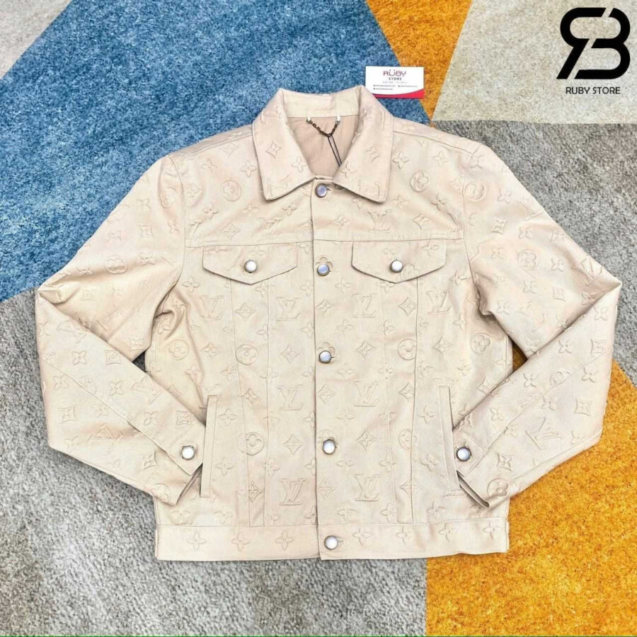 áo LV Monogram Embossed Denim Jacket Ivory màu be