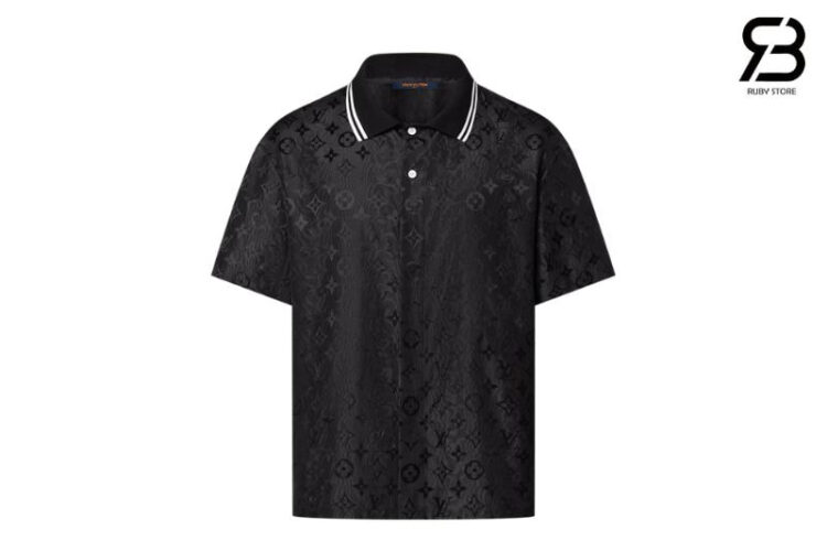 Áo Sơ Mi LV Monogram Moire Jacquard Short-Sleeved Silk Shirt Đen