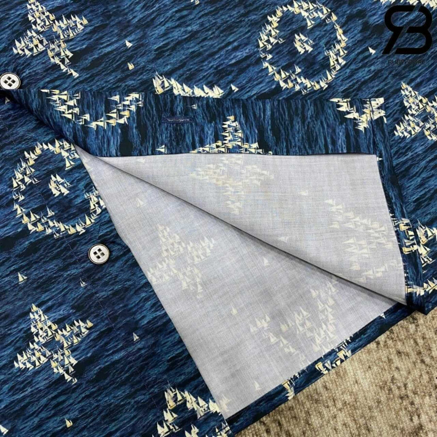 Áo Sơ Mi LV Printed Monogram Short-Sleeved Shirt Blue Ocean