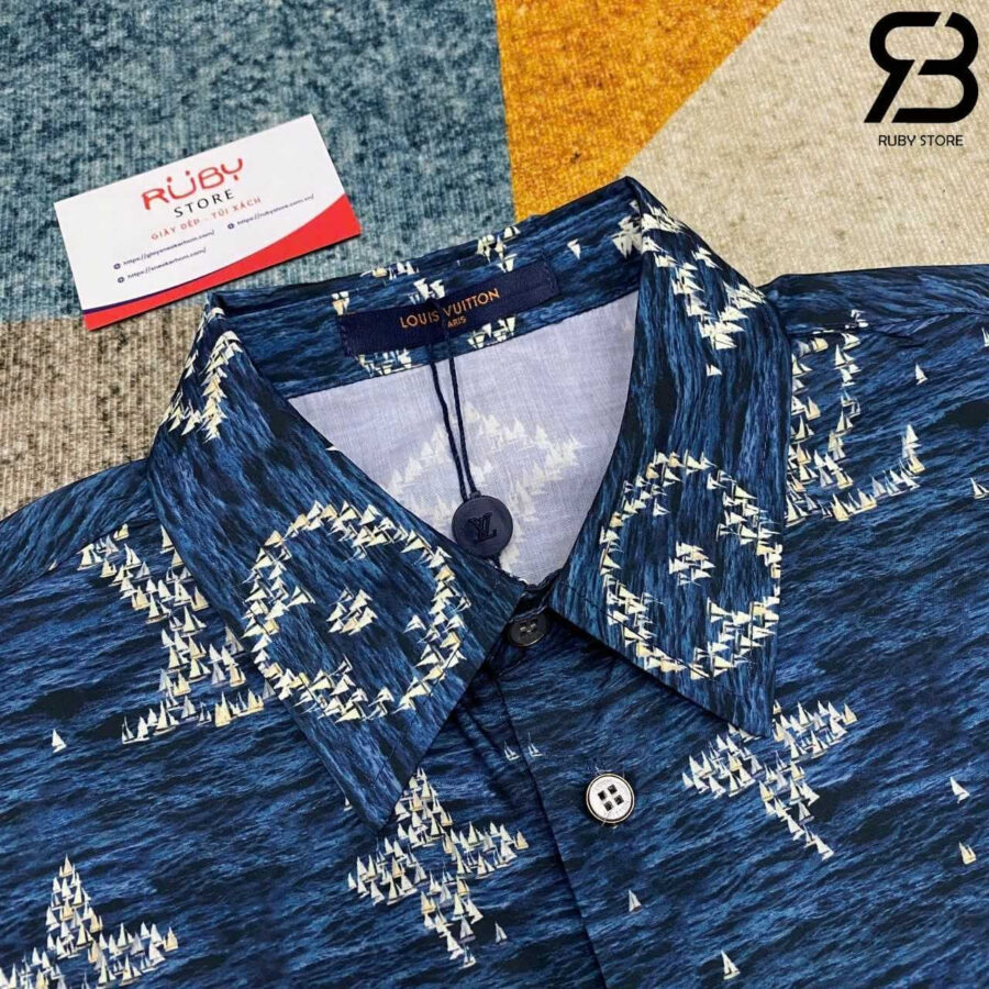 Áo Sơ Mi LV Printed Monogram Short-Sleeved Shirt Blue Ocean