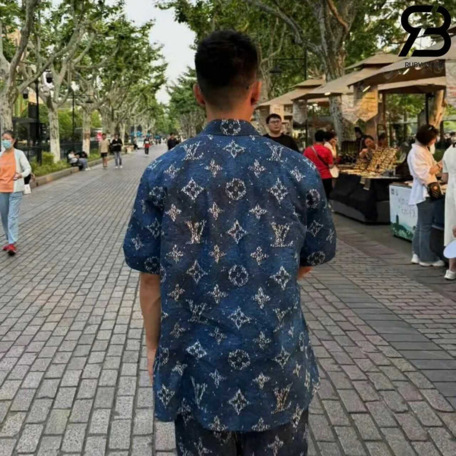 Áo Sơ Mi LV Printed Monogram Short-Sleeved Shirt Blue Ocean