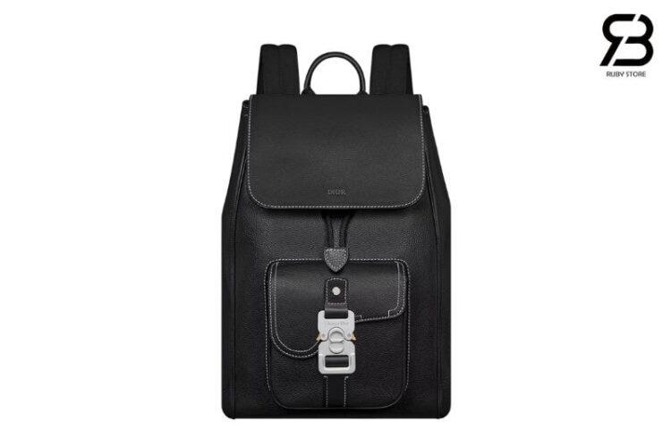 Dior Saddle Backpack with Flap Black Grained Calfskin with Contrasting Topstitching
