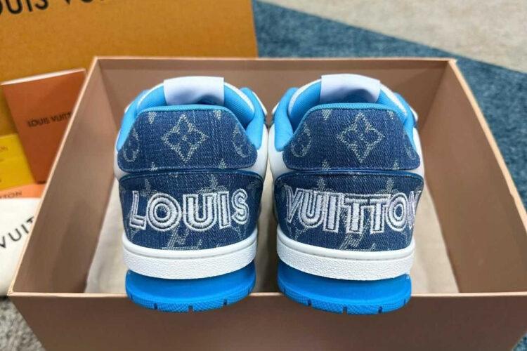 Giày LV Trainer Velcro Strap Light Blue Monogram Denim Trắng Xanh Dương