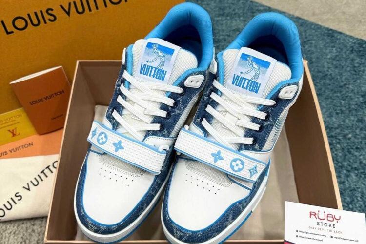 Giày LV Trainer Velcro Strap Light Blue Monogram Denim Trắng Xanh Dương
