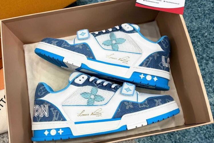 Giày LV Trainer Velcro Strap Light Blue Monogram Denim Trắng Xanh Dương