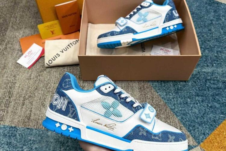 Giày LV Trainer Velcro Strap Light Blue Monogram Denim Trắng Xanh Dương