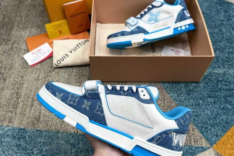 Giày LV Trainer Velcro Strap Light Blue Monogram Denim Trắng Xanh Dương