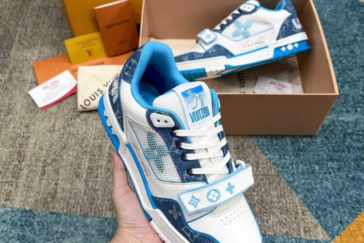 Giày LV Trainer Velcro Strap Light Blue Monogram Denim Trắng Xanh Dương