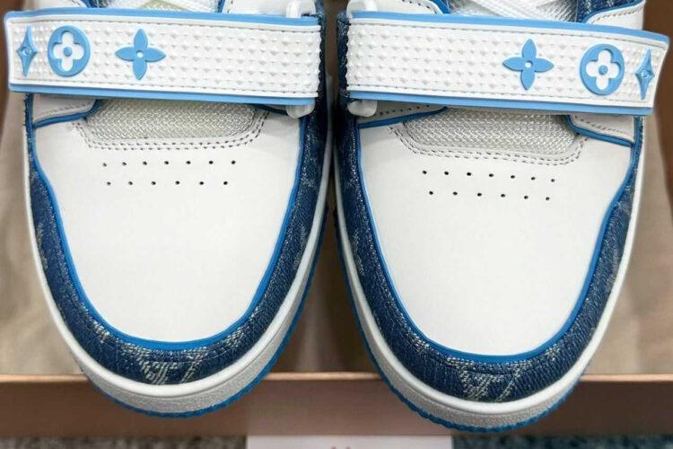 Giày LV Trainer Velcro Strap Light Blue Monogram Denim Trắng Xanh Dương