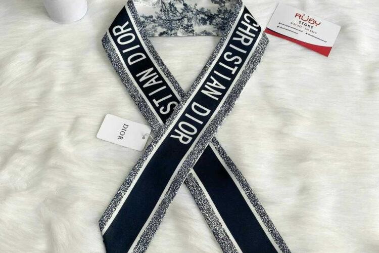 Khăn Dior Toile de Jouy Sauvage Mitzah Scarf Ivory and Navy Blue Silk Twill