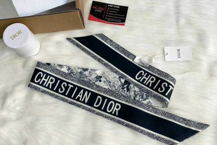 Khăn Dior Toile de Jouy Sauvage Mitzah Scarf Ivory and Navy Blue Silk Twill
