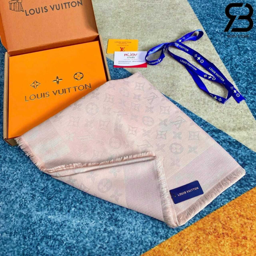 Khăn lụa LV Silk and Wool Shawl Pearl Pink Monogram hồng