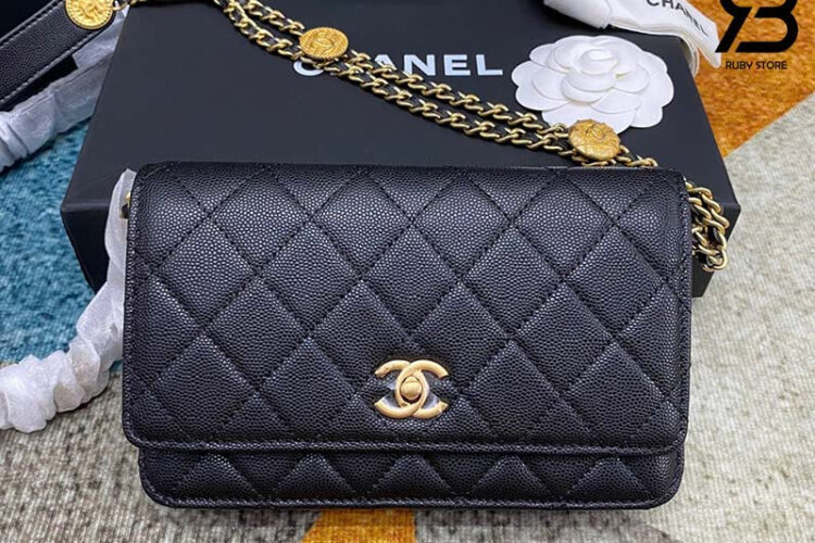 Túi CN 22A Woc Coin Chain Black Caviar 19CM Màu đen