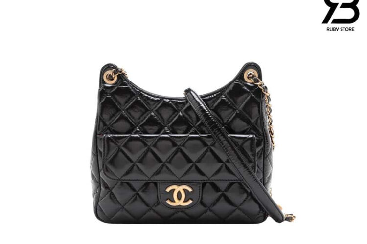 Túi CN 23C Medium Hobo Handbag Black Calfskin 22.5CM đen