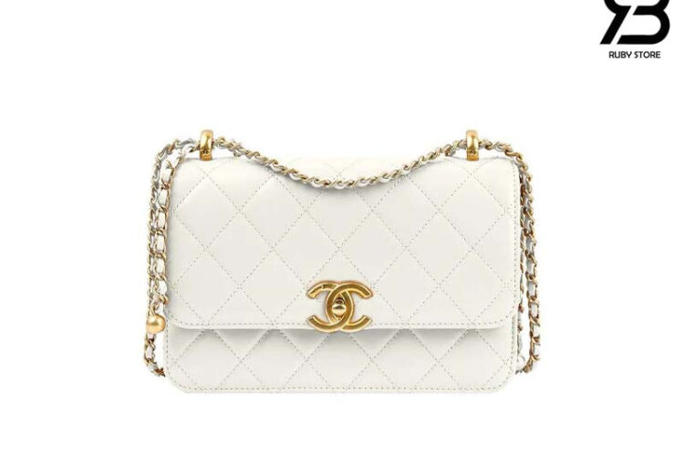 Túi CN 24C Double Pearl Crush Mini Flap White Calfskin GHW 19CM Trắng