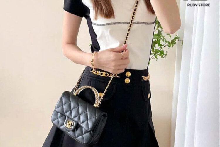 Túi CN 24SS Mini Flap Bag Top Handle Black Lambskin GHW 19CM Đen Best Pháp - Ảnh 11