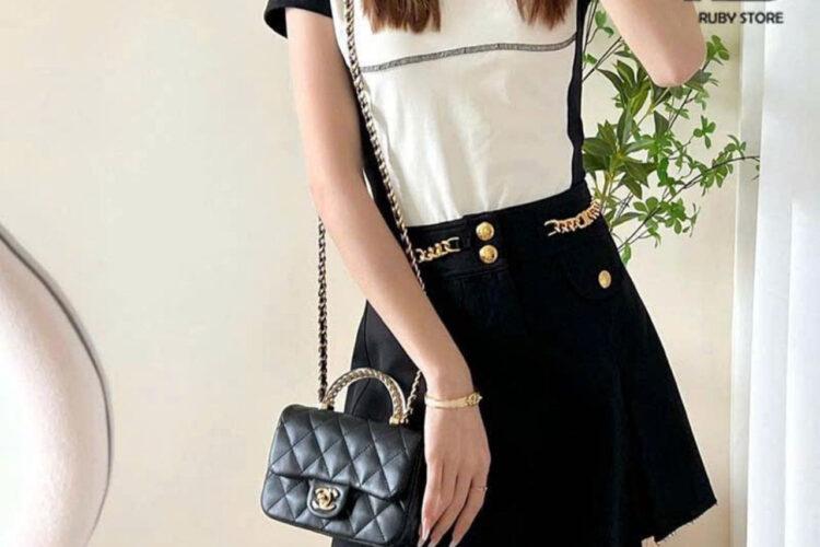 Túi CN 24SS Mini Flap Bag Top Handle Black Lambskin GHW 19CM đen