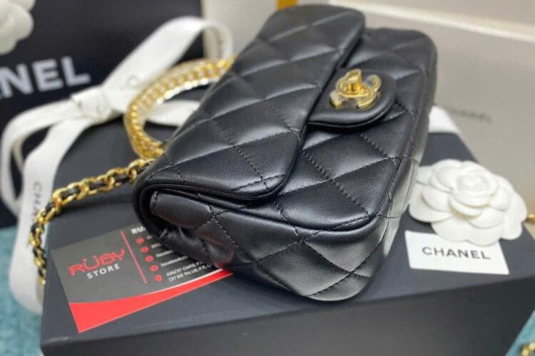 Túi CN 24SS Mini Flap Bag Top Handle Black Lambskin GHW 19CM đen