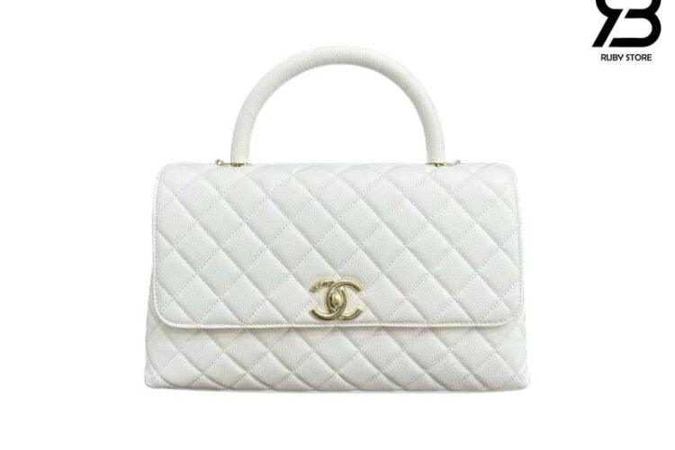 Túi CN Coco Medium Handle Flap Bag White Caviar 29CM Trắng