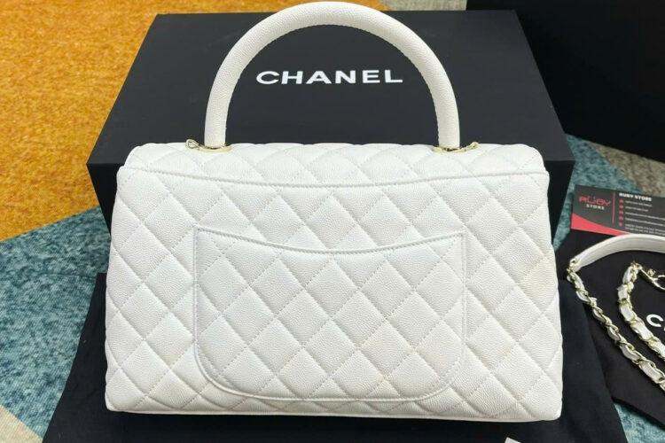Túi CN Coco Medium Handle Flap Bag White Caviar 29CM Trắng