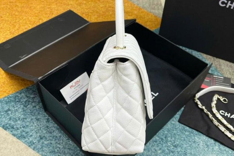 Túi CN Coco Medium Handle Flap Bag White Caviar 29CM Trắng