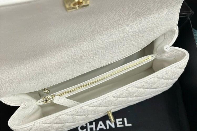 Túi CN Coco Medium Handle Flap Bag White Caviar 29CM Trắng