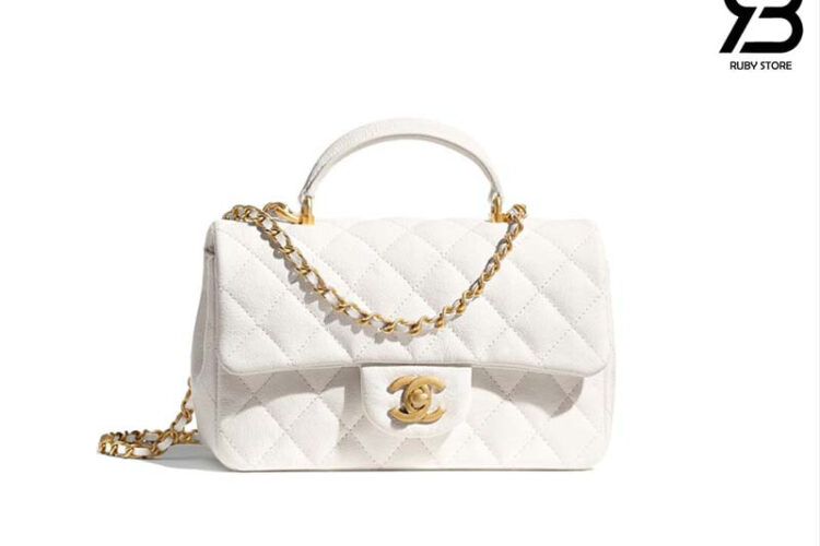 Túi CN Flap Bag Mini 8 Top Handle White Caviar 20CM Trắng