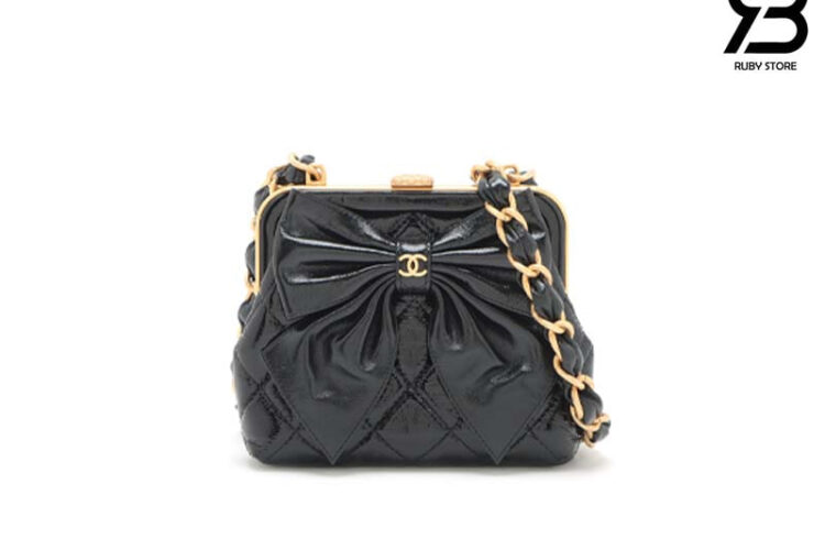 Túi CN Mini Clutch With Bow Crossbody Black Shiny Black Patent Crumpled
