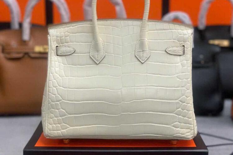 Túi Hermes Birkin 25 Beton Alligaor Embossed GHW Trắng Khâu Tay
