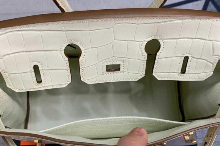 Túi Hermes Birkin 25 Beton Alligaor Embossed GHW Trắng Khâu Tay
