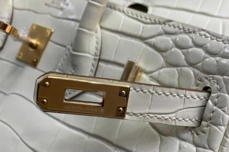 Túi Hermes Birkin 25 Beton Alligaor Embossed GHW Trắng Khâu Tay