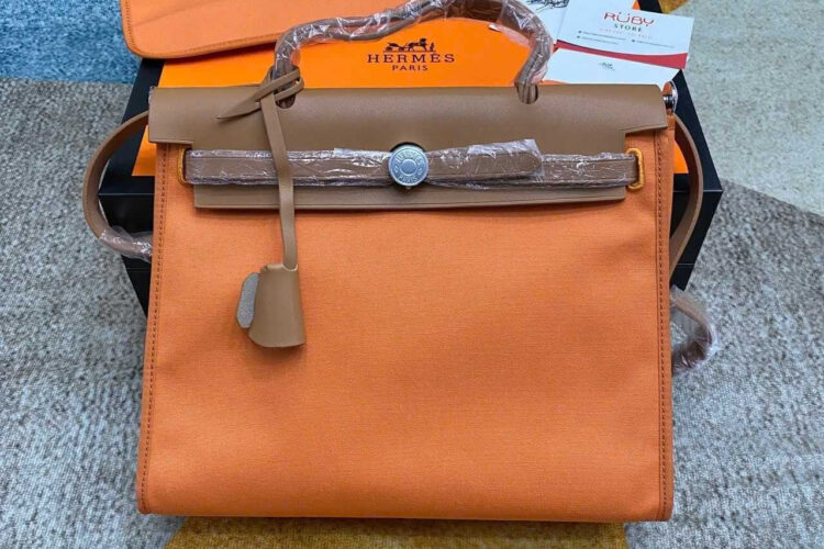 Túi Hermes Herbag 31 Zip Bag Canvas Orange Shw Stamp Square H cam
