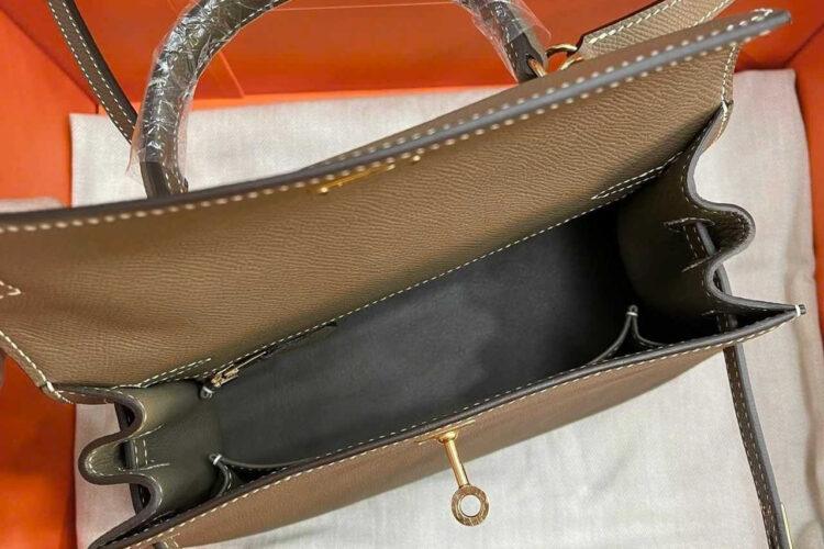 Túi Hermes Kelly 25 Etoupe Epsom GHW Nâu Da Nhập Khâu Tay