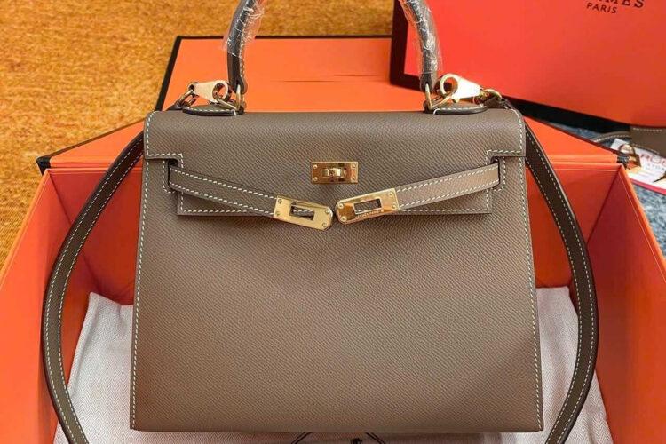 Túi Hermes Kelly 25 Etoupe Epsom GHW Nâu Da Nhập Khâu Tay