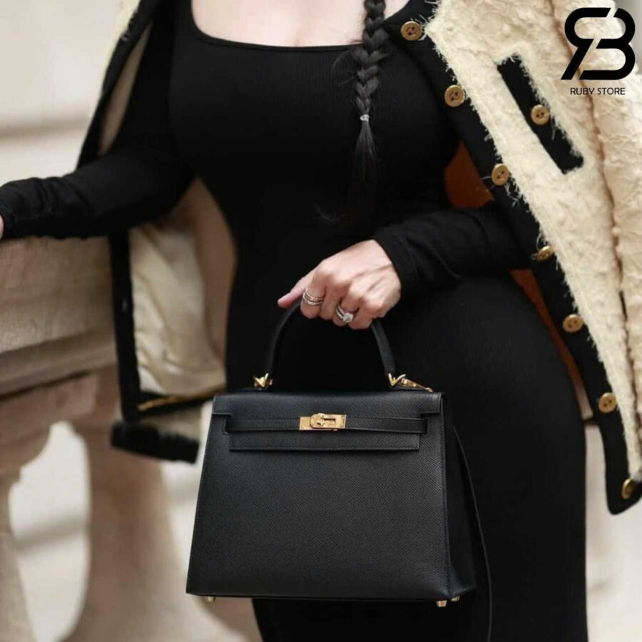 Túi Hermes Kelly 25 Noir Black Epsom GHW Màu Đen Da Nhập Khâu Tay
