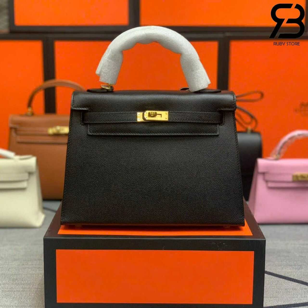 Túi Hermes Kelly 25 Noir Black Epsom GHW Màu Đen Da Nhập Khâu Tay