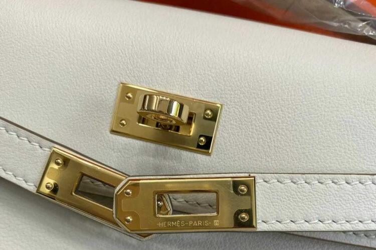 Túi Hermes Kelly Pochette 22 Craie Swift GHW Kem Khâu Tay