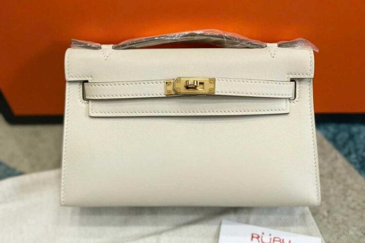 Túi Hermes Kelly Pochette 22 Craie Swift GHW Kem Khâu Tay