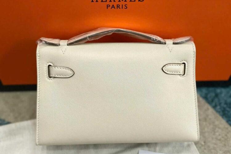 Túi Hermes Kelly Pochette 22 Craie Swift GHW Kem Khâu Tay