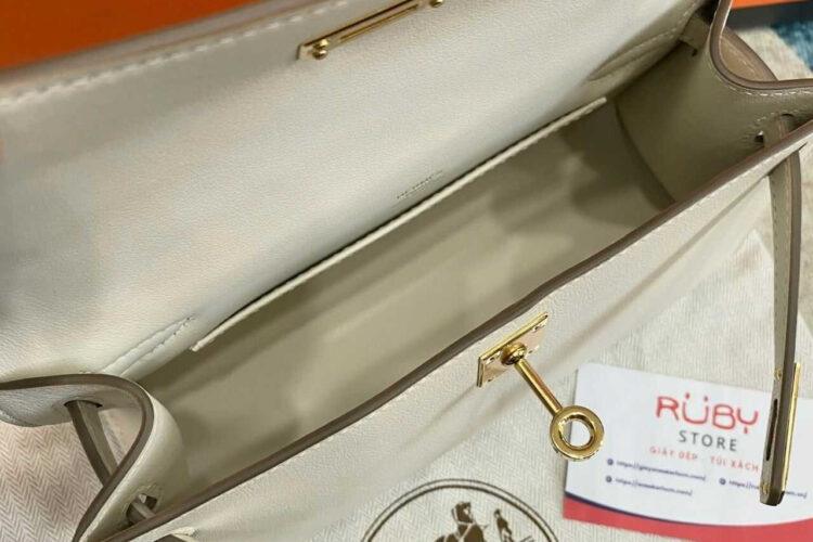 Túi Hermes Kelly Pochette 22 Craie Swift GHW Kem Khâu Tay