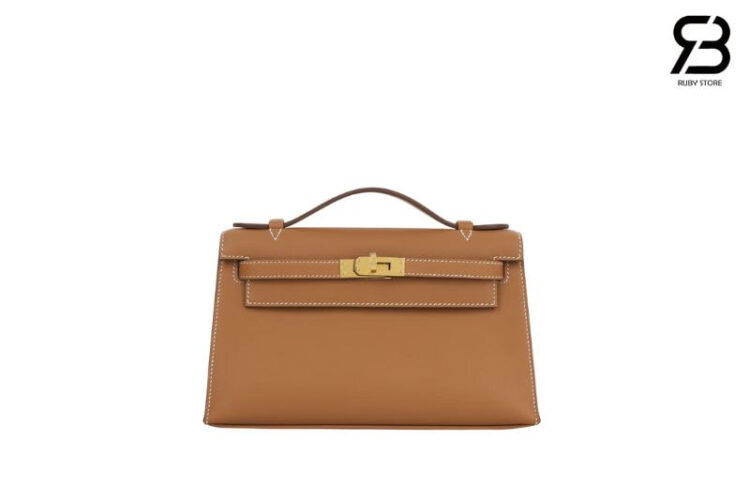 Túi Hermes Kelly Pochette 22 Gold Swift GHW Nâu Khóa Vàng Khâu Tay