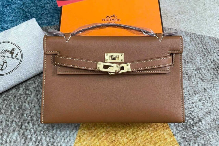 Túi Hermes Kelly Pochette 22 Gold Swift GHW Nâu Khóa Vàng Khâu Tay