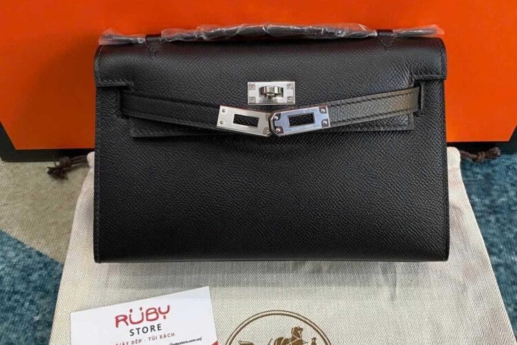 Túi Hermes Kelly Pochette 22 Noir Epsom PHW Đen Khâu Tay