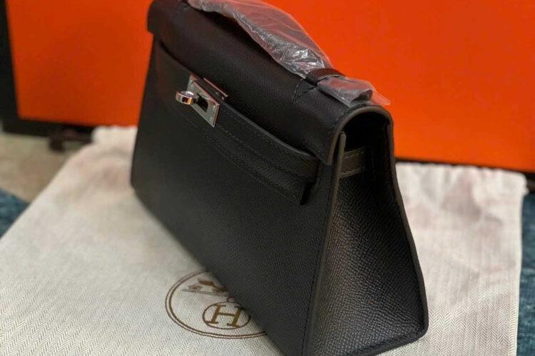 Túi Hermes Kelly Pochette 22 Noir Epsom PHW Đen Khâu Tay