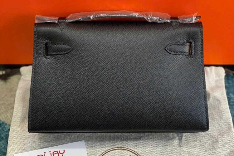 Túi Hermes Kelly Pochette 22 Noir Epsom PHW Đen Khâu Tay