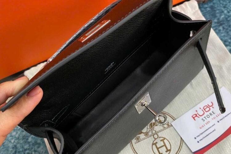 Túi Hermes Kelly Pochette 22 Noir Epsom PHW Đen Khâu Tay