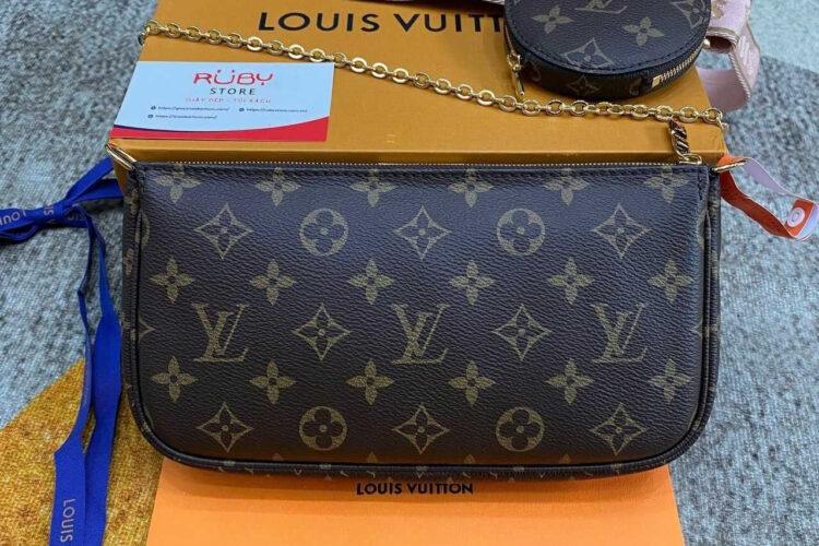 Túi LV Multi Pochette Monogram Pink M44840 Nâu Dây Hồng