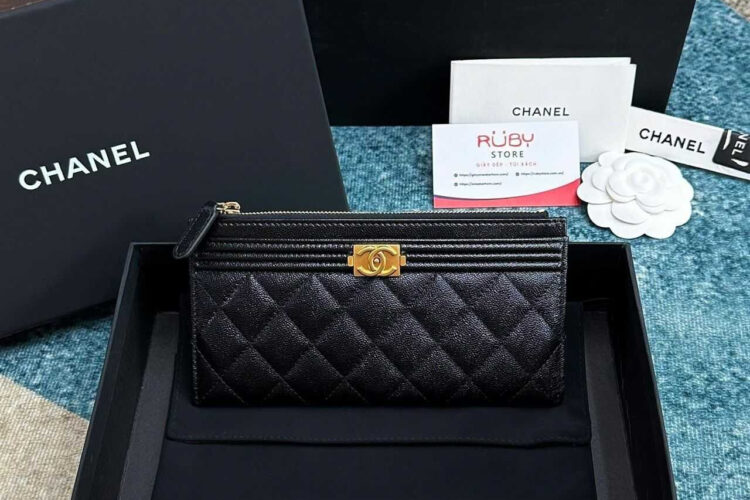 Ví CN Boy Long Zip Pouch Black Caviar GHW Đen Khóa Vàng