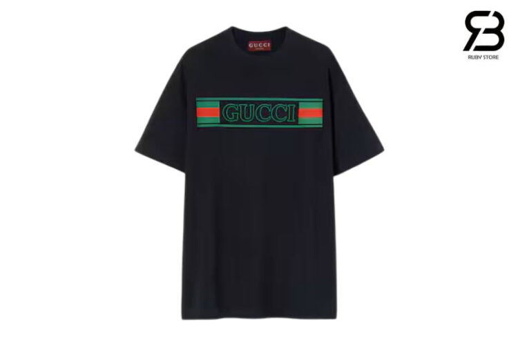 ÁO GUCCI COTTON JERSEY T-SHIRT WITH PRINT NAVY